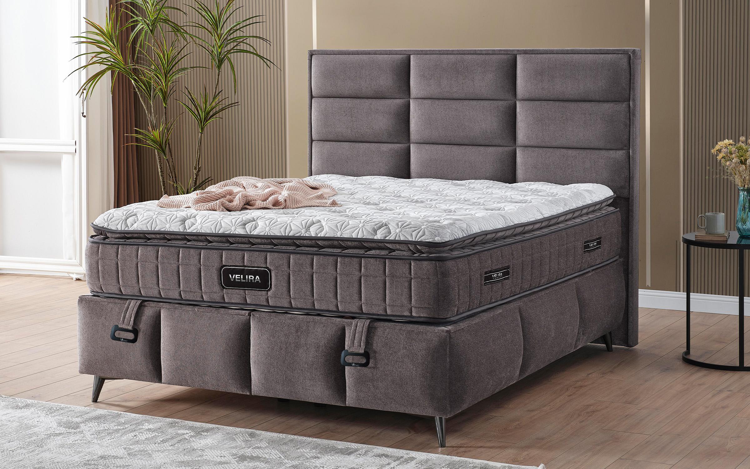 Pat dublu Boxspring 160/200 Velira + saltea, gri  1
